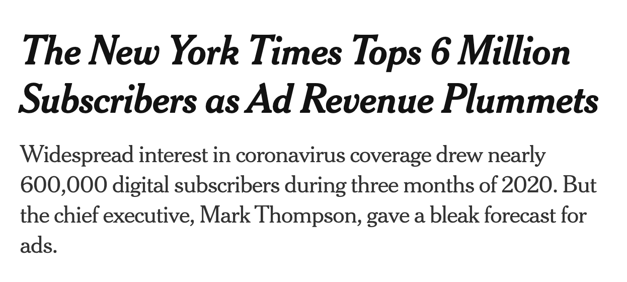 출처 https://www.nytimes.com/2020/05/06/business/media/new-york-times-earnings-subscriptions-coronavirus.html
